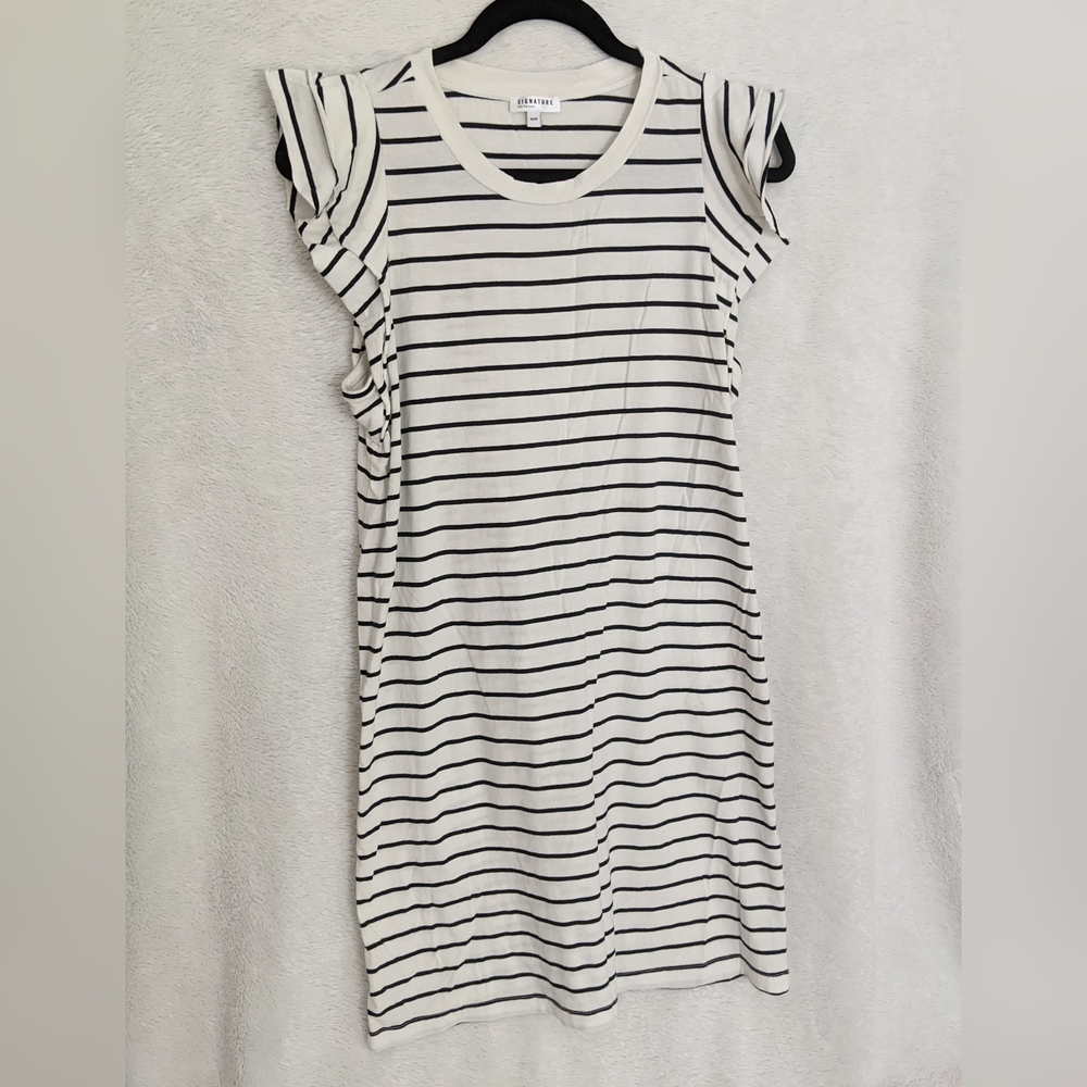 Reitmans Signature Medium Striped Tunic Dress, Black and White, Ruffle Sleeves